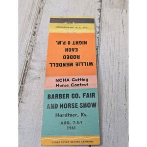 Vintage Matchbook Cover Barber Co. Fair 1961 Horse‎ Show Willie Mendell Rodeo
